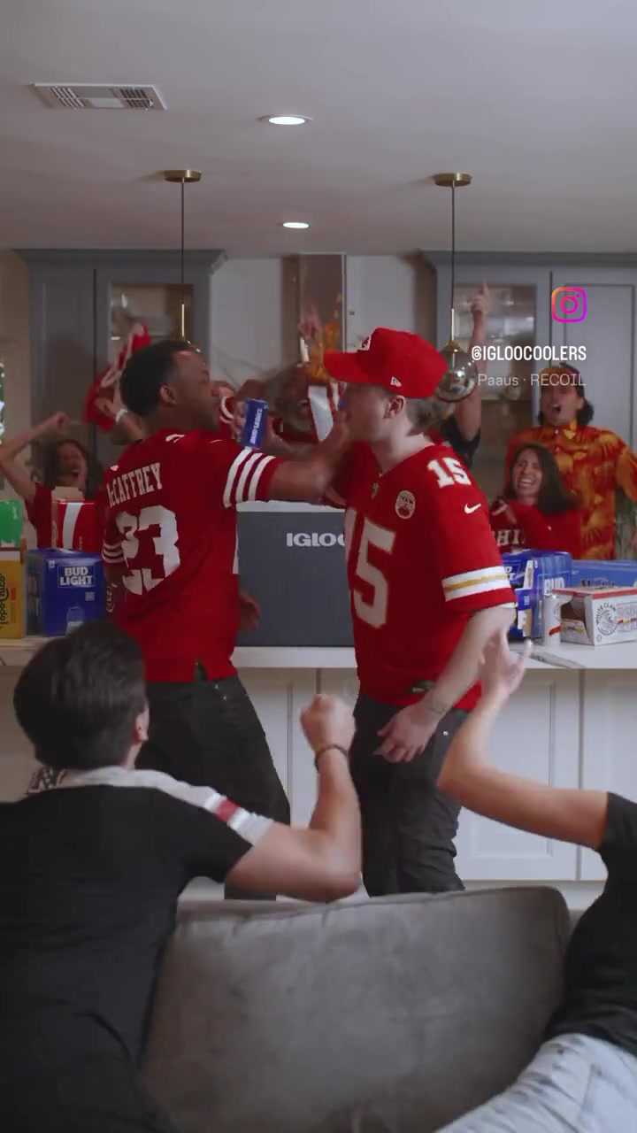 Priya celebrating in an Igloo Coolers Super Bowl commercial
